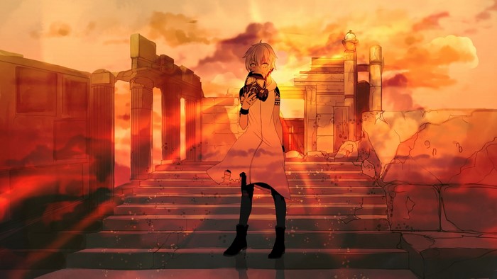 Anime character with mask in ancient ruins at sunset