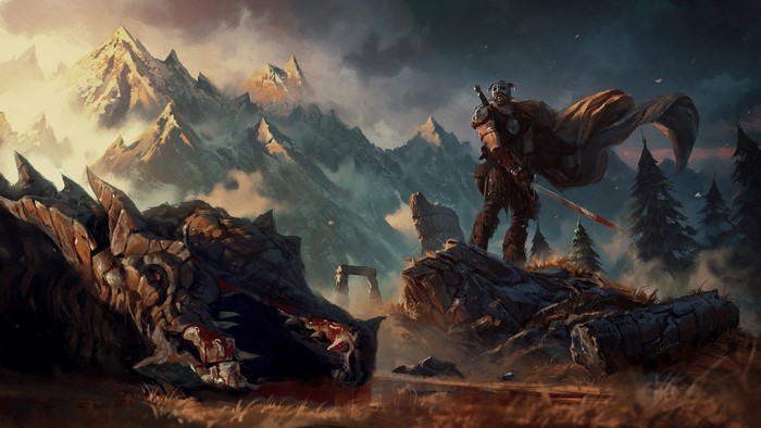 Dragonborn warrior standing over a dead dragon in Skyrim