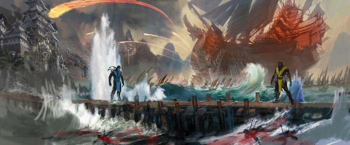 Sub-Zero and Scorpion from Mortal Kombat on a pier