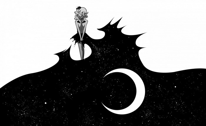 Girl in black dress with moon and stars