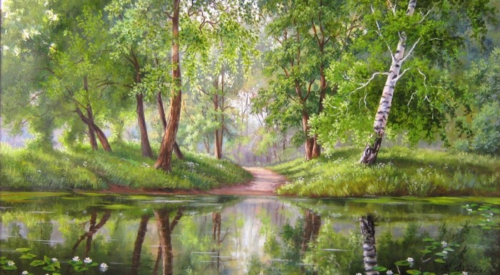 Painting of a forest path leading to a lake with reflections