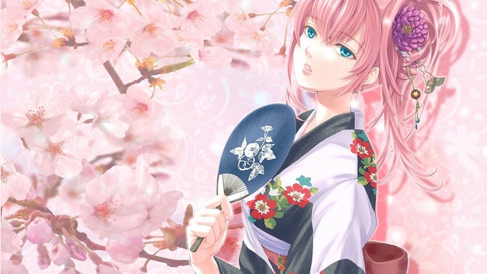 Anime girl with pink hair and blue eyes holding a fan