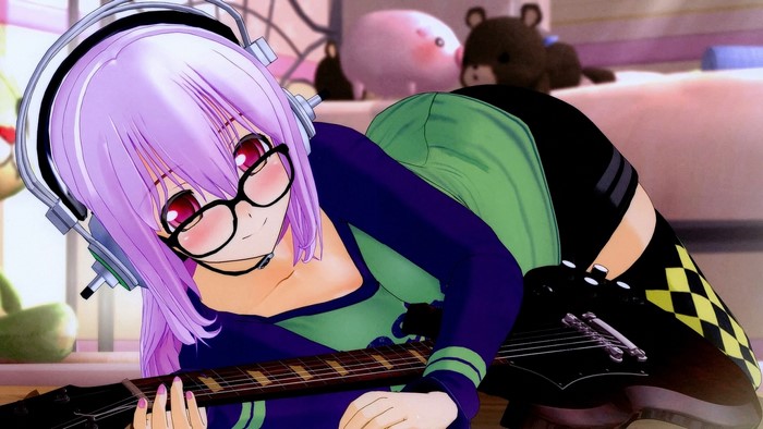 Super Sonico with glasses and headphones playing guitar