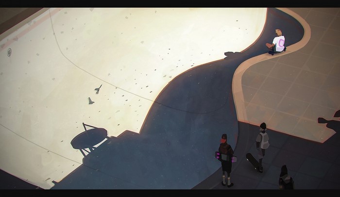 Skatepark with people and skateboards at sunset