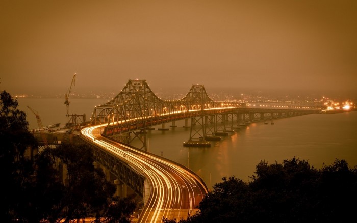Night View of Oakland Bay Bridge with City Lights
