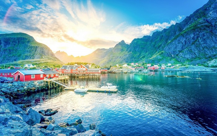 Red fishing village on a fjord in Lofoten, Norway