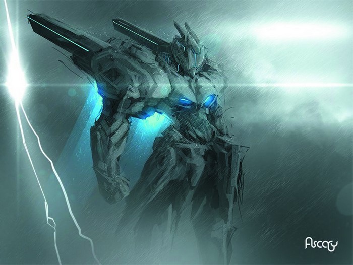 Futuristic Robotic Mecha with Blue Glowing Eyes
