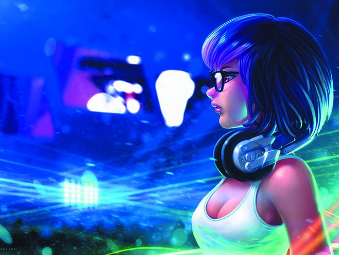 Anime girl with headphones and glasses at a rave