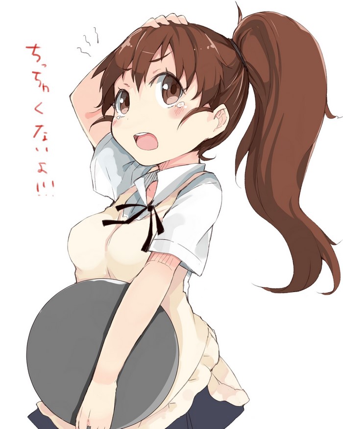 Anime girl with brown ponytail holding a tray