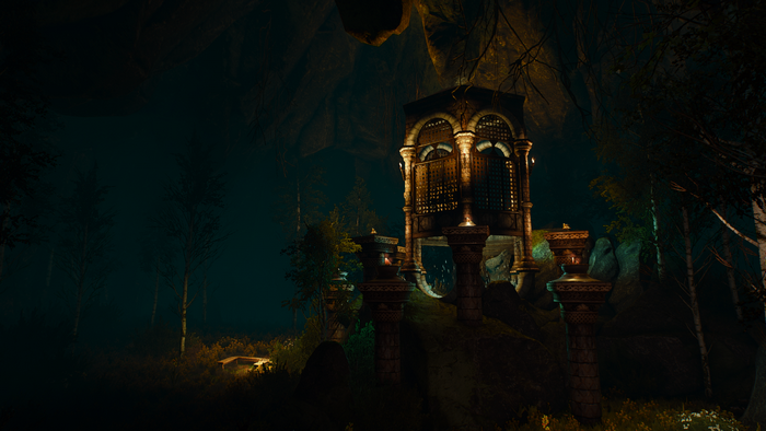 The Witcher 3 Wild Hunt screenshot of a dark cave with ancient structure