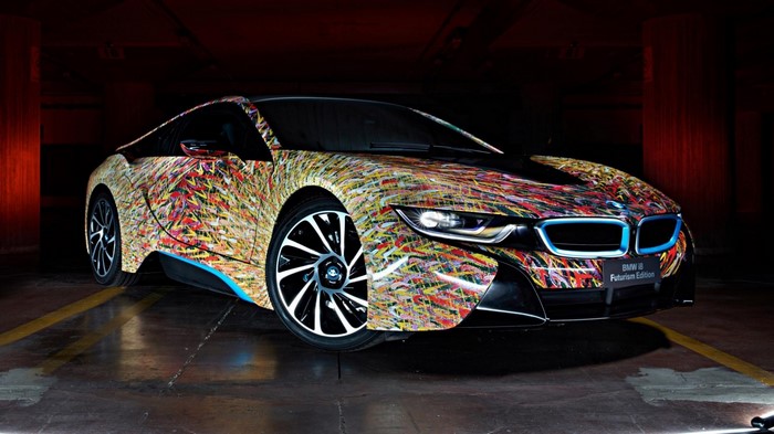 BMW i8 Futurism Edition sports car with graffiti wrap