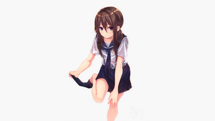 Anime girl in school uniform pulling up socks