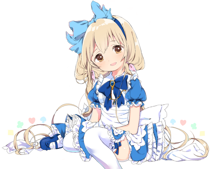 Anime girl in a blue and white dress with blonde hair