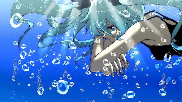 Hatsune Miku underwater with bubbles