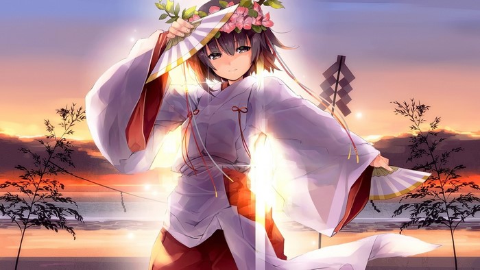 Anime girl in Japanese clothes with flower crown and fan