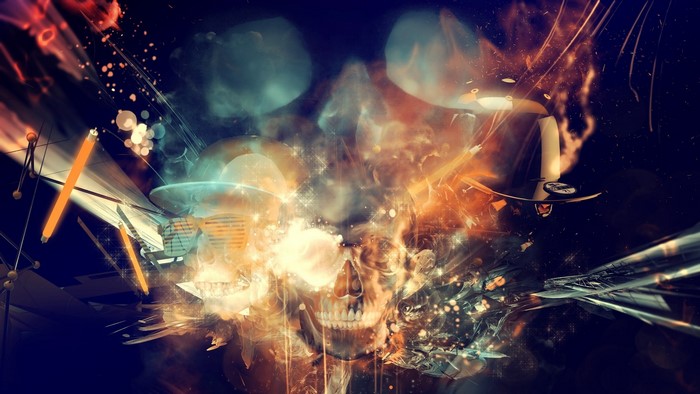 Abstract skull with neon lights and explosion