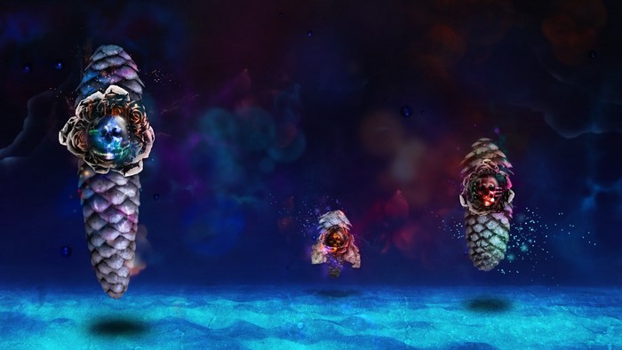 Pine cones with skulls and roses in abstract space