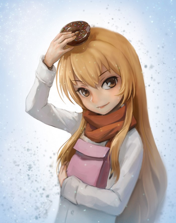 Aisaka Taiga from Toradora with a donut