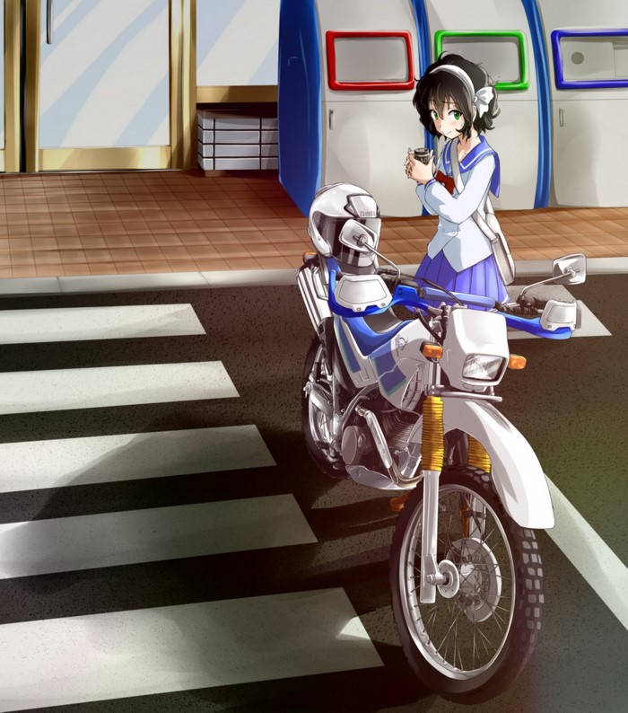 Anime girl with motorcycle at a crosswalk