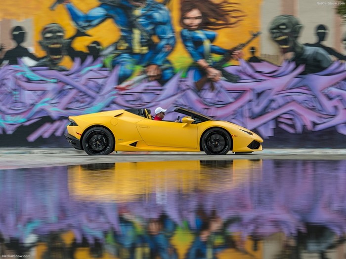 Yellow Lamborghini Huracan Spyder driving past graffiti