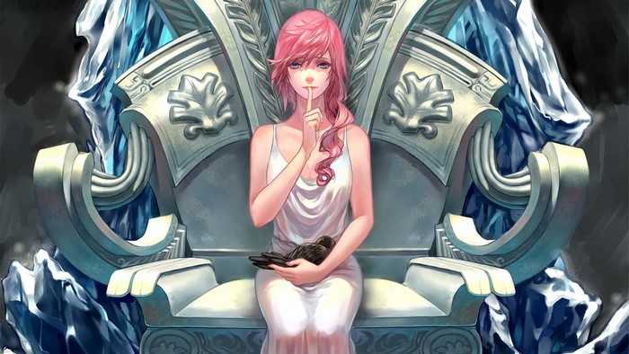 Lightning from Final Fantasy XIII sitting on a throne with a bird