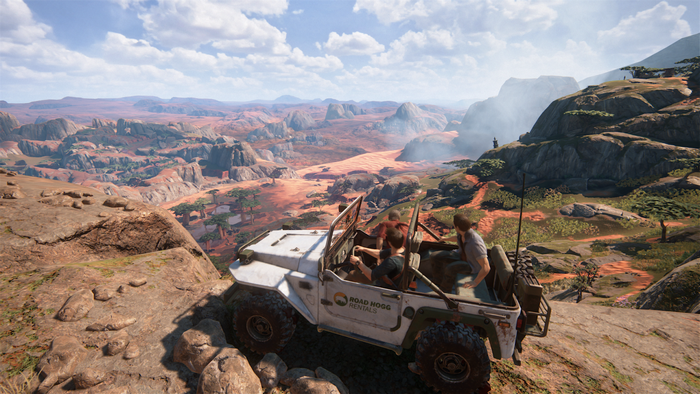 Nathan Drake and Elena Fisher in a Jeep in Uncharted 4
