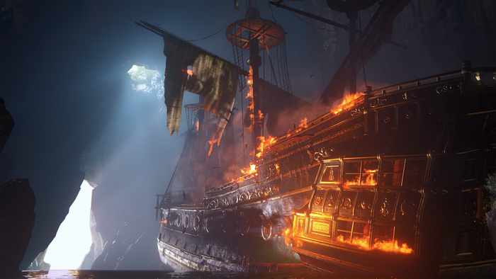 Burning pirate ship in a dark cave entrance