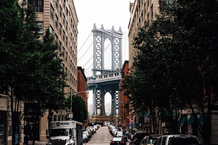 Manhattan Bridge viewed from a street in New York City