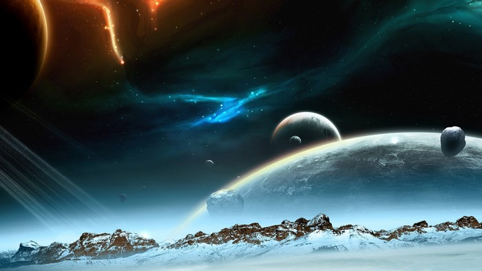 Alien planet landscape with rings and nebulae