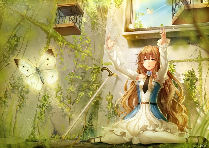 Anime girl with long hair and a butterfly