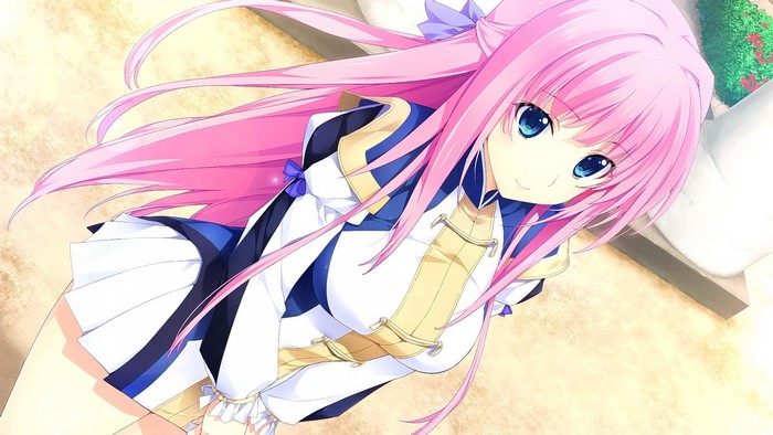 Anime girl with pink hair and blue eyes