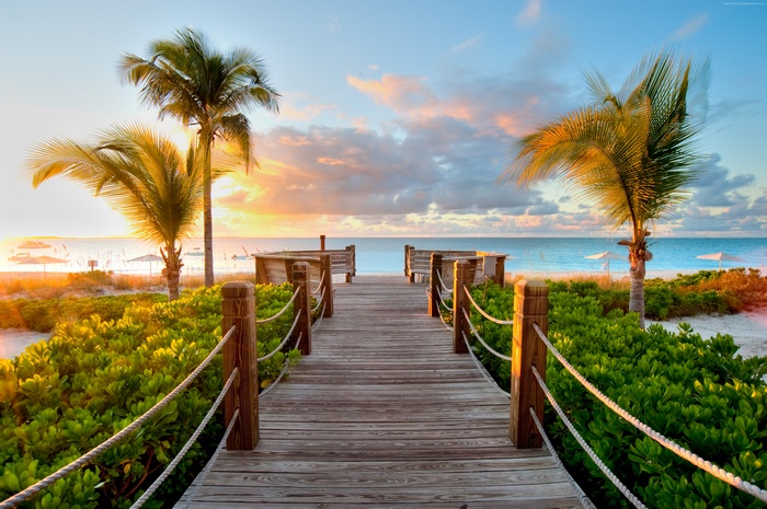 resort, sea, 4k, tourism, 5k, Turks and Caicos Islands, sky, vacation, Best beaches of 2017, palms, clouds, travel, ocean