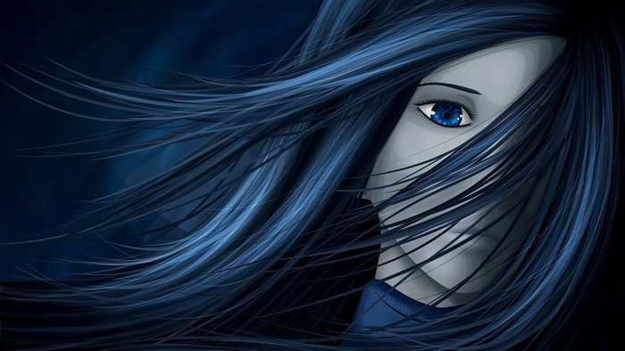 Anime girl with long blue hair and blue eyes