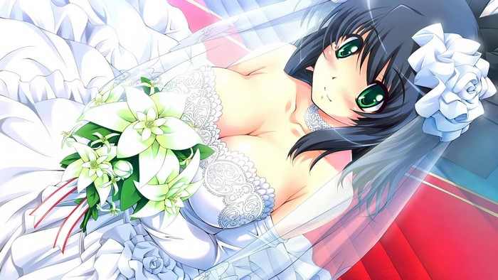 Anime girl in wedding dress with bouquet