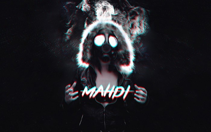 Person wearing a gas mask with "MAHDI" text