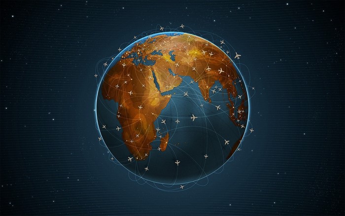 Digital art of Earth with air traffic routes