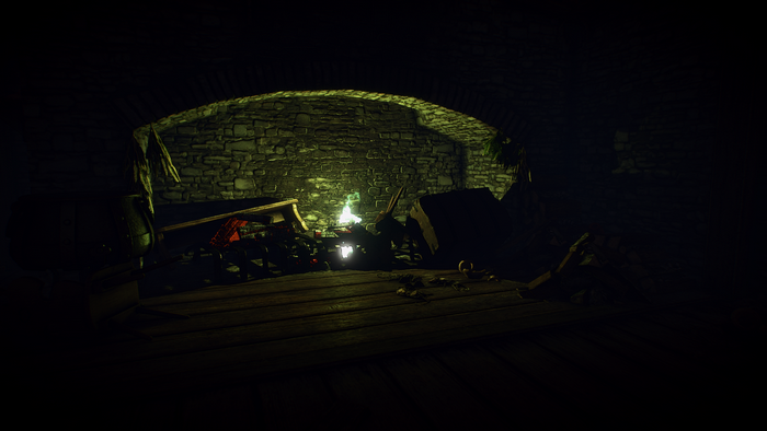 The Witcher 3: Wild Hunt screenshot of a dark, stone-arched room