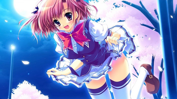 Anime girl with pink hair in school uniform at night