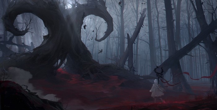 A girl in a dark forest with red ground and birds