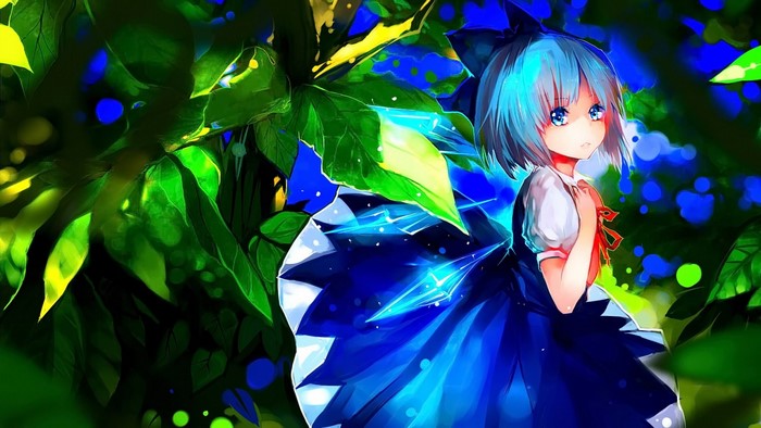 Cirno from Touhou in a blue dress among green leaves