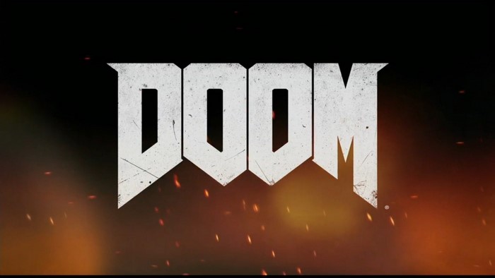 DOOM video game logo with fire background