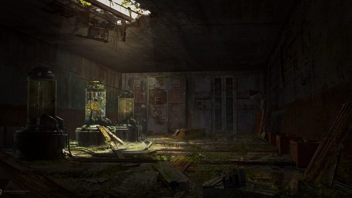 Abandoned facility with overgrown containment units