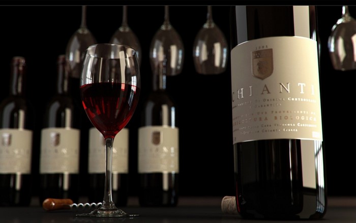 Chianti red wine bottle and glass