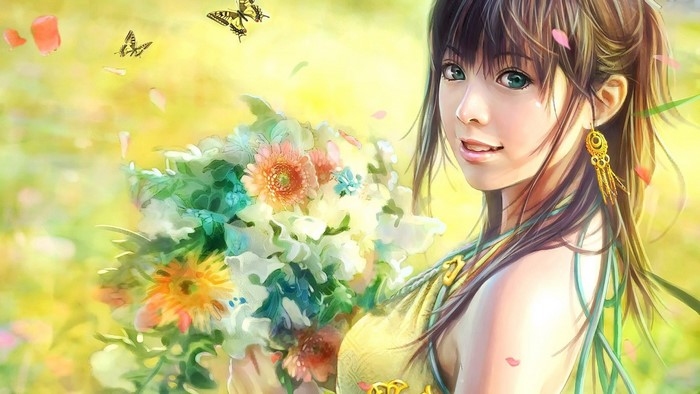 Anime girl with flowers and butterflies