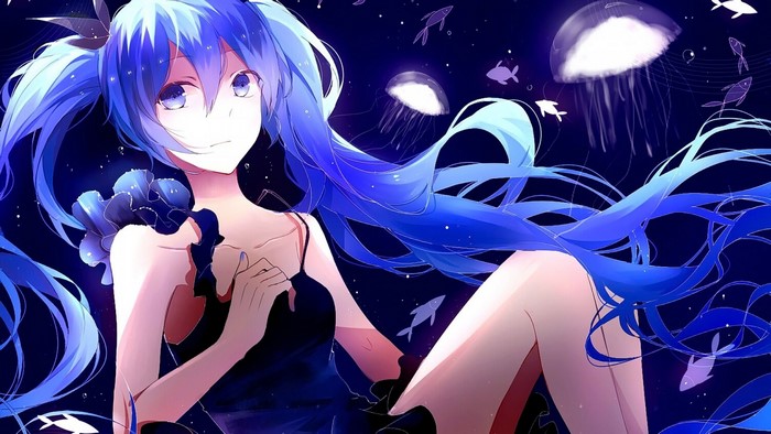 Anime girl with blue hair and dress underwater