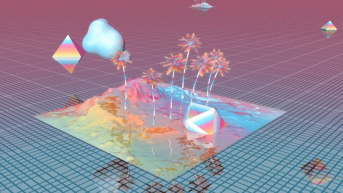 Vaporwave landscape with geometric shapes and palm trees