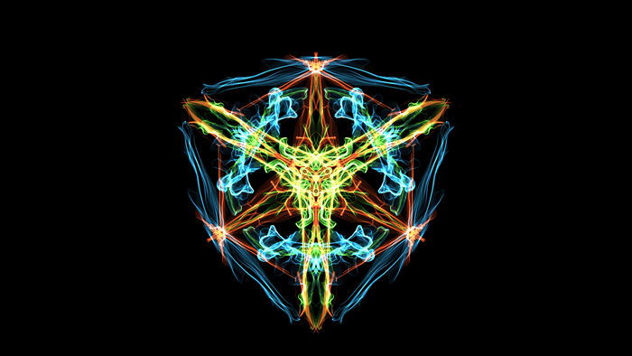 Symmetrical fractal art pattern with blue, orange, and green light