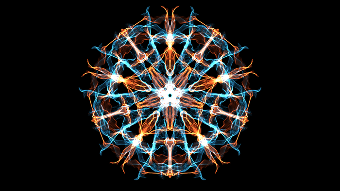 Symmetrical fractal pattern with orange and blue light