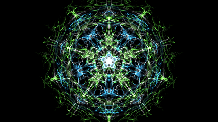 Green and blue fractal pattern on black background