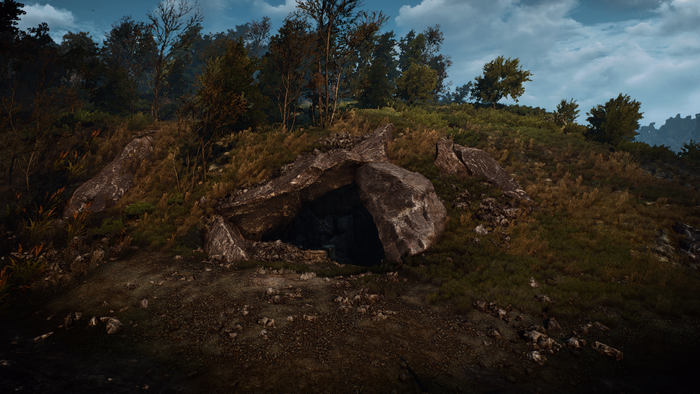 Cave entrance on a grassy hill with trees
